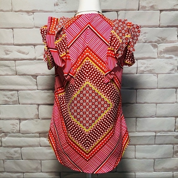 BANANA REPUBLIC-WOMENS PINK/MAUVE ABSTRACT PATTERN TOP WITH FLUTTER SLEEVES - Picture 3 of 12